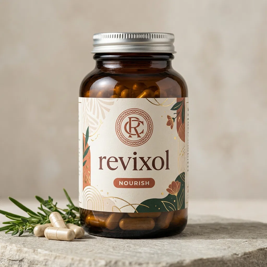 Revixol kapslar hälsotillskott - mörkbrun burk med orange etikett, 30 kapslar